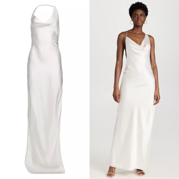 NWT RETROFETE Satin Asymmetric Crystal Chain Strap Draped Neck Open Back Gown S - Picture 12 of 13